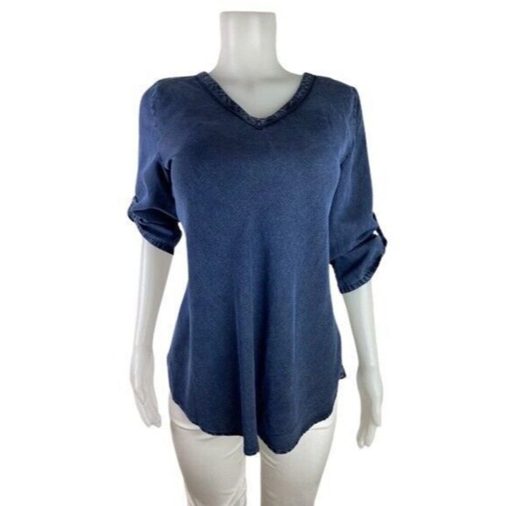 N89. Soft Surroundings Tunic Size XS Denim Blouse Roll Top Tab Sleeve V Neck